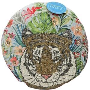 Bengal Tiger Beaded 17" Round Pillow Handmade India Tribal Glam Jungle NWT